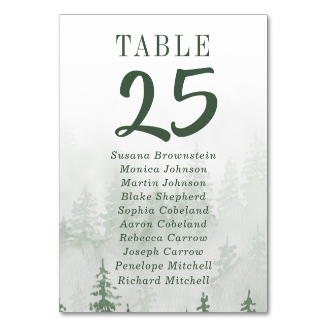 Evergreens in the Fog Forest Green Guest Names Table Number (Front)