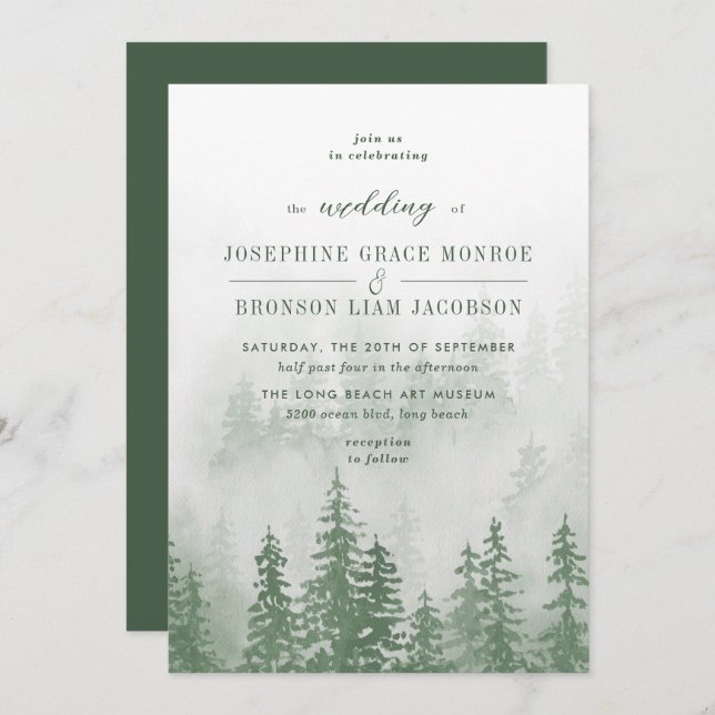 Evergreens in the Fog Forest in Green Wedding Invitation (Front/Back)