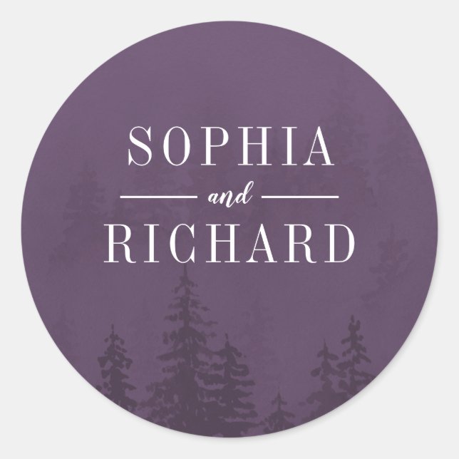 Evergreens in the Fog Forest Purple Wedding Classic Round Sticker (Front)