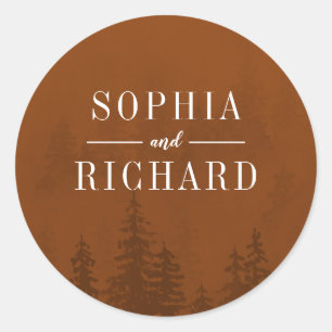Evergreens in the Fog Forest Rust Orange Wedding Classic Round Sticker