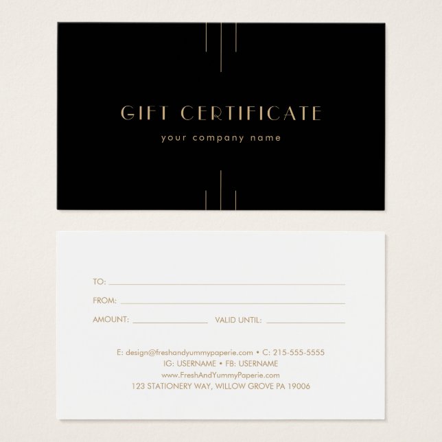 EVERLY Art Deco Black and Gold Gift Certificate (Front & Back)