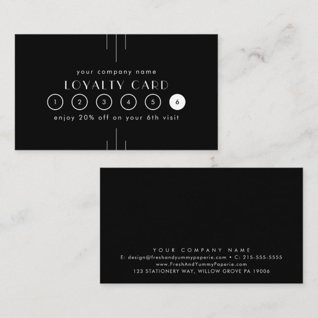 EVERLY Art Deco Black Business Reward 6 Punch Loyalty Card (Front/Back)