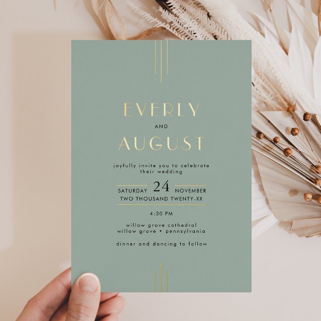 EVERLY Art Deco Sage Green and Gold Foil Wedding (EVERLY Art Deco Sage Green and Gold Foil Wedding Foil Invitation)