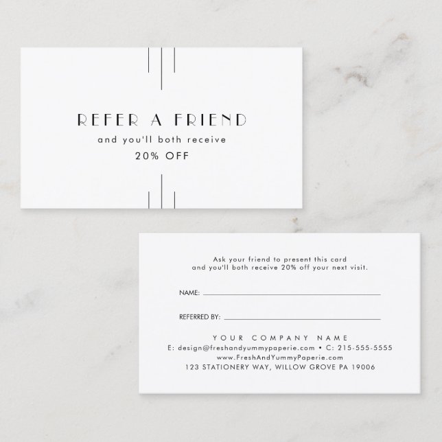 EVERLY Art Deco White Black Refer A Friend Referral Card (Front/Back)