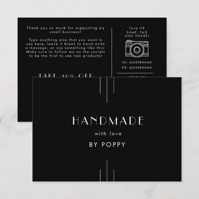 EVERLY Black Handmade with Love Thank You Order Enclosure Card (Front/Back)