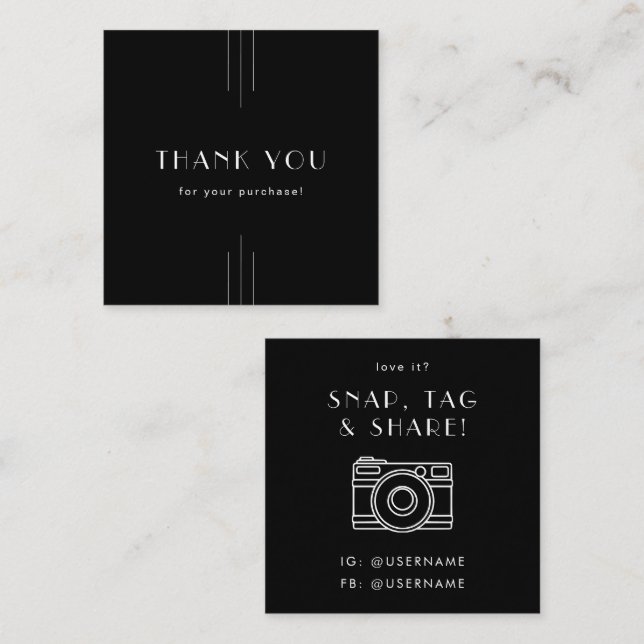 EVERLY Black Social Media Snap Share Thank You Square Business Card (Front/Back)