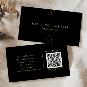 EVERLY Elegant Art Deco Black and Gold QR Code Business Card