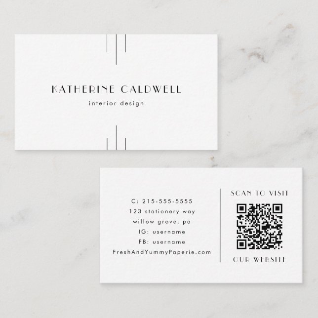EVERLY Minimalist Art Deco White and Black QR Code Business Card (Front/Back)