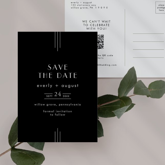 EVERLY Modern Art Deco Black Wedding Save the Date Invitation Postcard (EVERLY Modern Art Deco Black Wedding Save the Date Invitation Postcard)