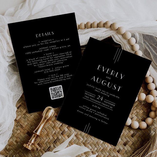 EVERLY Modern Art Deco Black White QR Code Wedding Invitation (EVERLY Modern Art Deco Black White QR Code Wedding Invitation)