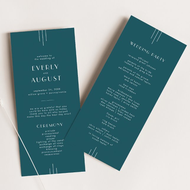 EVERLY Simple Retro Art Deco Peacock Teal Wedding Program (EVERLY Simple Retro Art Deco Peacock Teal Wedding Program)