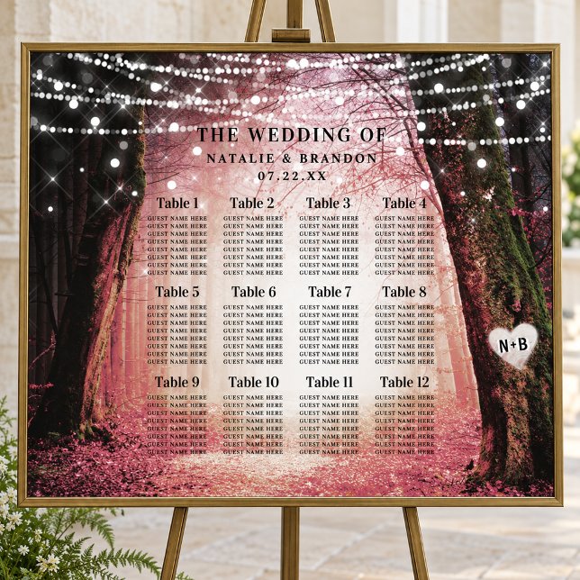 Evermore | Enchanted Forest Table Seating Chart (Pink Evermore enchanted forest wedding seating chart, shown with coordinated wedding styling. Frame, display support and decorative props are not included.)