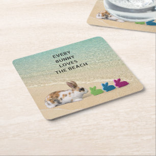 Every Bunny Loves The Beach Tropical Easter  Square Paper Coaster