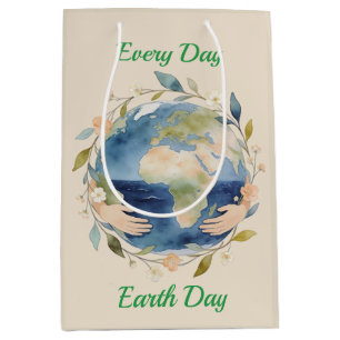 Every Day Earth Day Floral Globe With Hands Medium Gift Bag