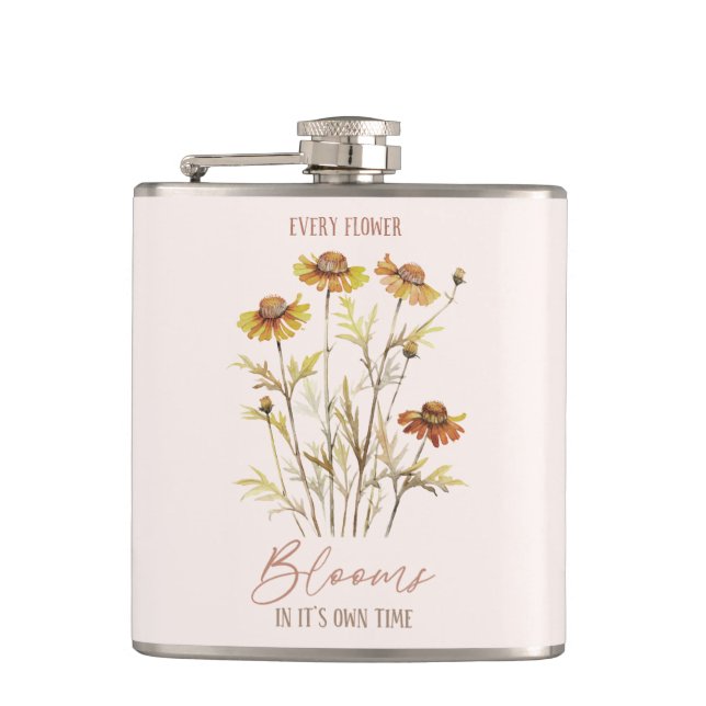 Every Flower Blooms in Its Own Time -Rustic Floral Hip Flask (Front)
