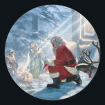 Every Knee Shall Bow Classic Round Sticker<br><div class="desc">Every Knee Shall Bow~ Santa Claus kneeling to baby Jesus.</div>