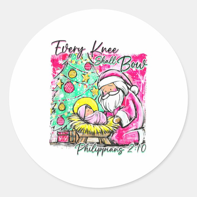 Every Knee Shall Bow Santa Christmas Nativity Scen Classic Round Sticker (Front)