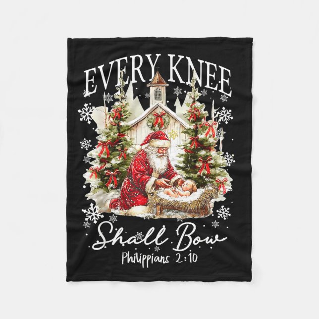 Every Knee Shall Bow Santa Christmas Nativity Scen Fleece Blanket (Front)