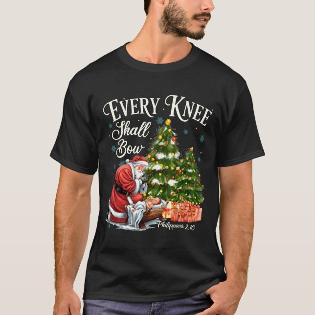 Every Knee Shall Bow Santa Christmas Nativity Scen T-Shirt (Front)