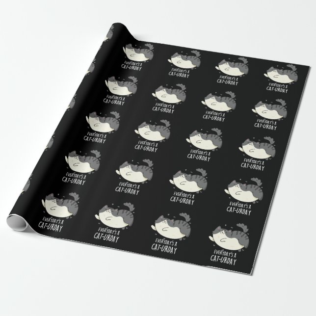 Everyday's A Cat-urday Funny Cat Pun Dark BG Wrapping Paper (Unrolled)