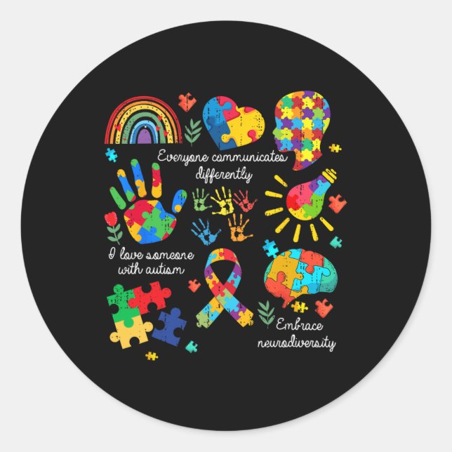 Everyone Communicates Differently Autism Neurodive Classic Round Sticker (Front)