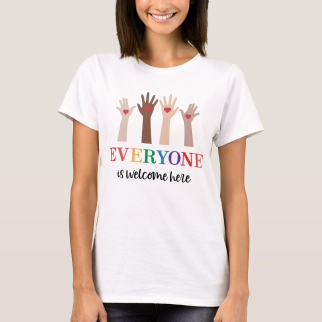 Everyone Is Welcome Here Idaho Teacher T-Shirt (Front)