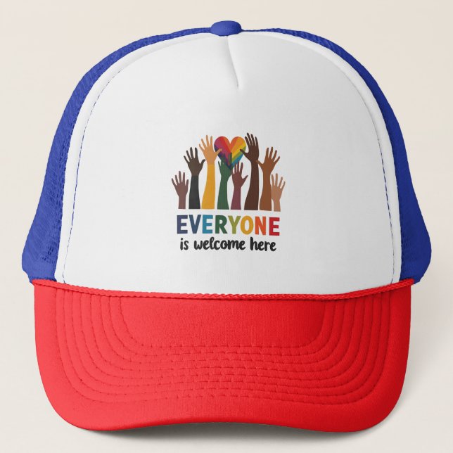 Everyone Is Welcome Here Idaho Teacher Trucker Hat (Front)