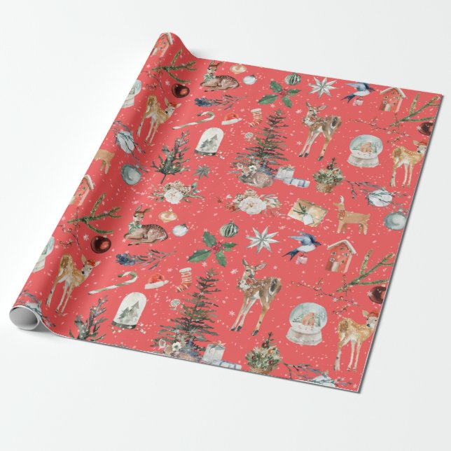 Everything Christmas Reindeer Coral Red Wrapping Paper (Unrolled)