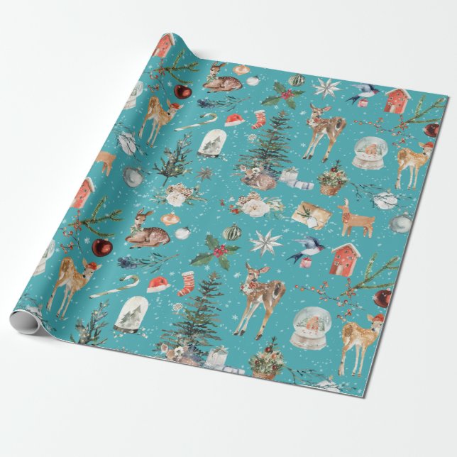 Everything Christmas Reindeer Teal Blue Wrapping Paper (Unrolled)
