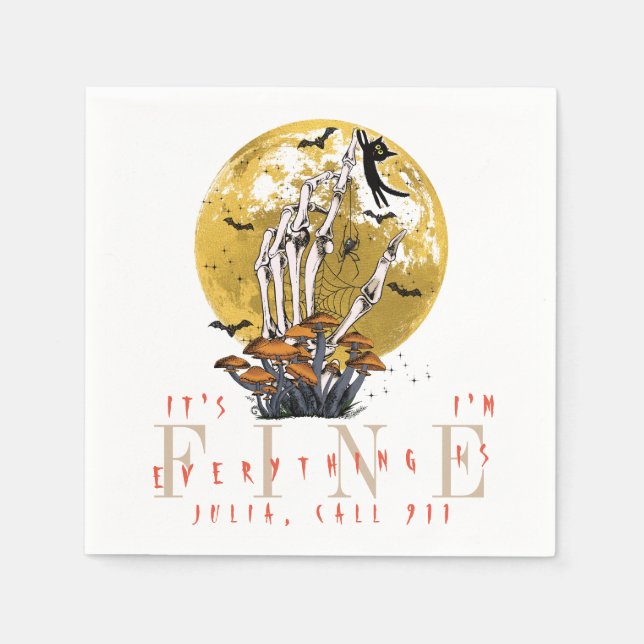 Everything Is Fine Halloween Skeleton Black Cat Napkin (Front)