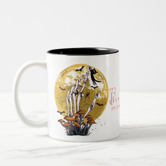 Everything Is Fine Halloween Skeleton Black Cat Two-Tone Coffee Mug (Left)