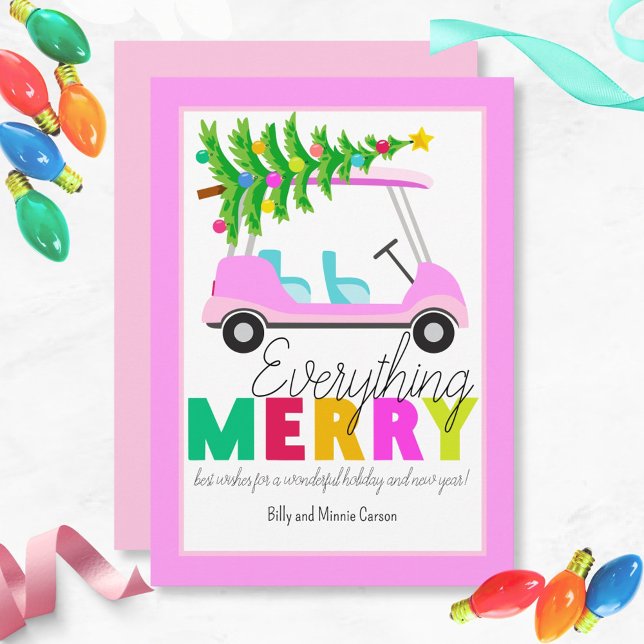 Everything Merry Pink Golf Cart Christmas Tree Holiday Card (Bright fun festive holiday pink golf cart greeting with a Christmas tree on top.)