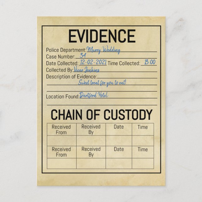 Evidence chain of custody crime game role play fly postcard (Front)