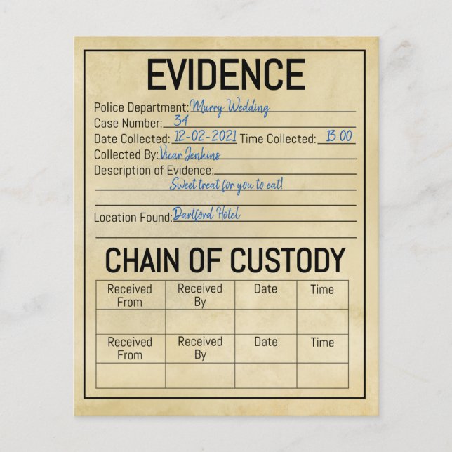 Evidence chain of custody crime game role play flyer (Front)