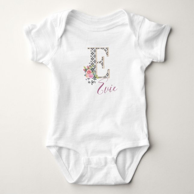 Evie Name Baby Outfit Letter E Romper Floral Girl Bodysuit (Front)