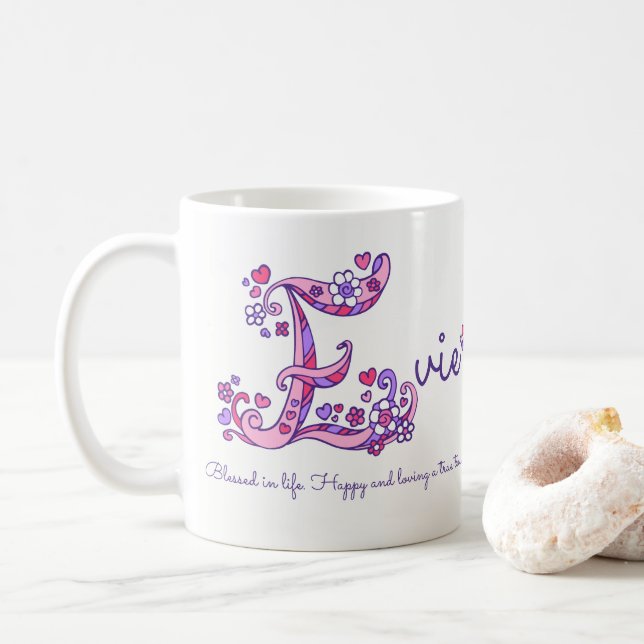 Evie name meaning decorative E monogram mug (With Donut)