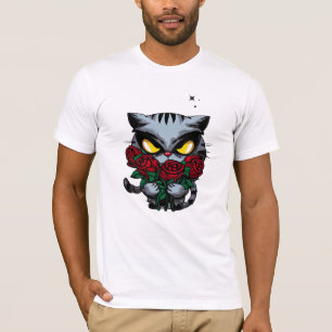 Evil Black Cat Holding Roses Cool Dark Stars T-Shirt