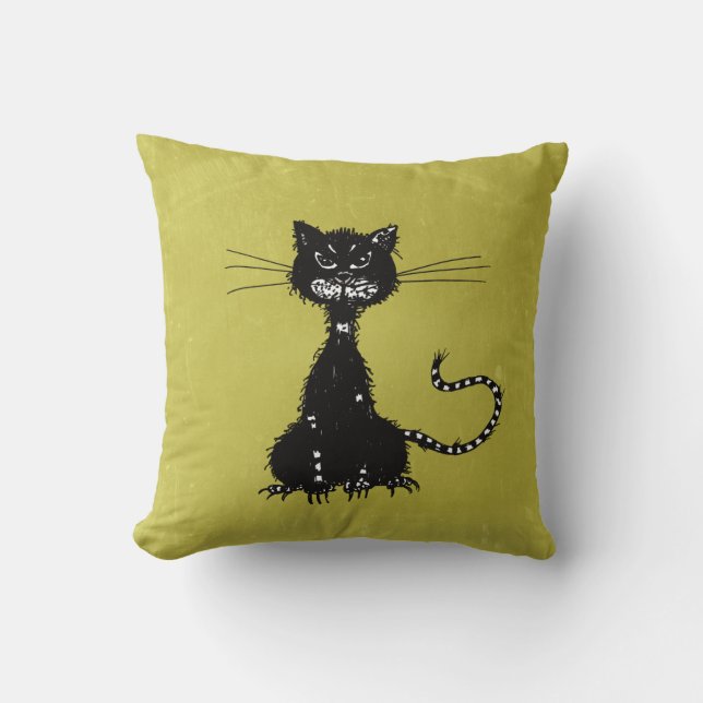 Evil Black Cat Olive Green  Cushion (Front)
