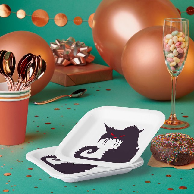 Evil Black Cat Silhouette with Red Eyes Paper Plate (Creator Uploaded)