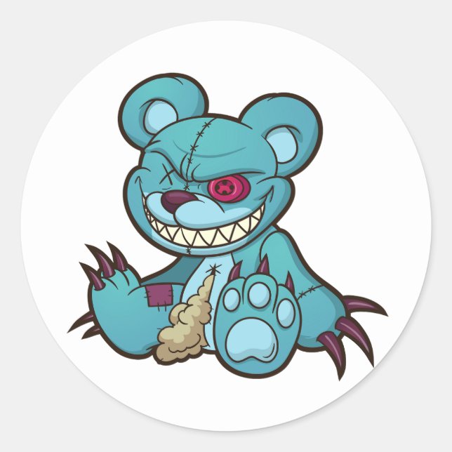 evil blue teddy bear sitting down illustration classic round sticker (Front)