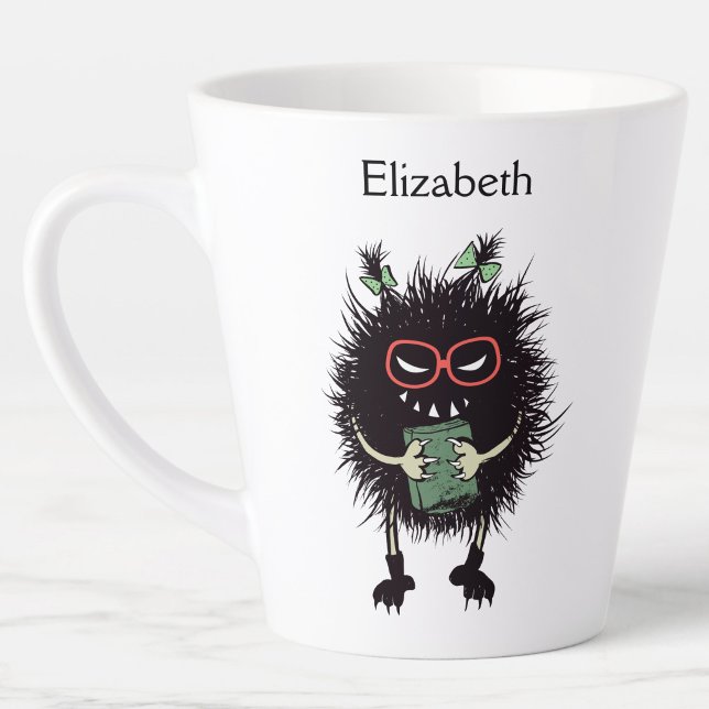 Evil Book Lover Character - Edgy Reading Name Latte Mug (personalized latte mug with evil creature with eyeglasses and ponytails holding a book )