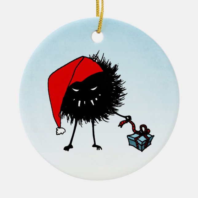 Evil Christmas Bug Opening Present Ceramic Tree Decoration (Front)