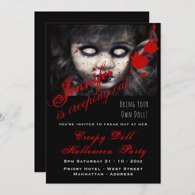 EVIL DOLL Halloween Invite Dead Creepy Scary (Front/Back)