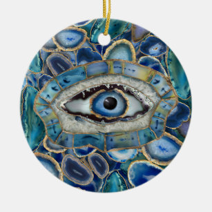 Evil Eye Amulet Blue Geodes and Crystals Ceramic Ornament