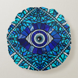 Evil Eye Amulet Mosaic Art Round Cushion