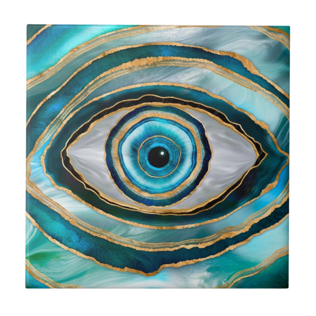 Evil Eye Amulet Watercolor marbles and gold Ceramic Tile (Front)