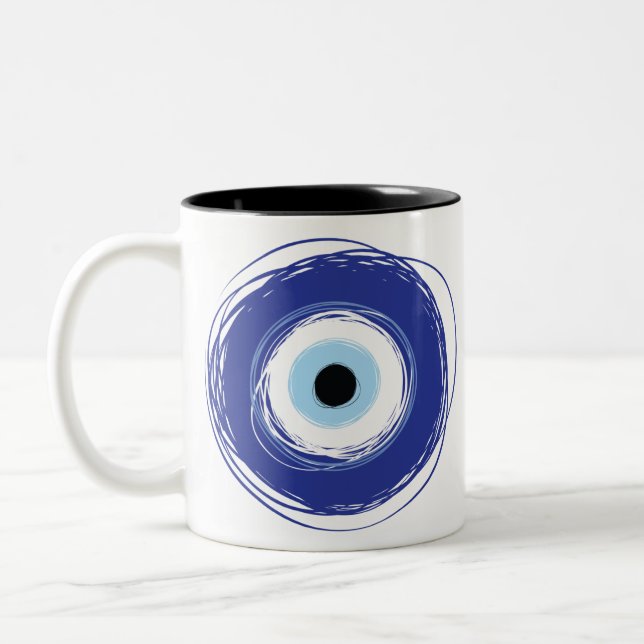 Evil Eye Artistic Blue Greek Two-Tone Coffee Mug (Left)