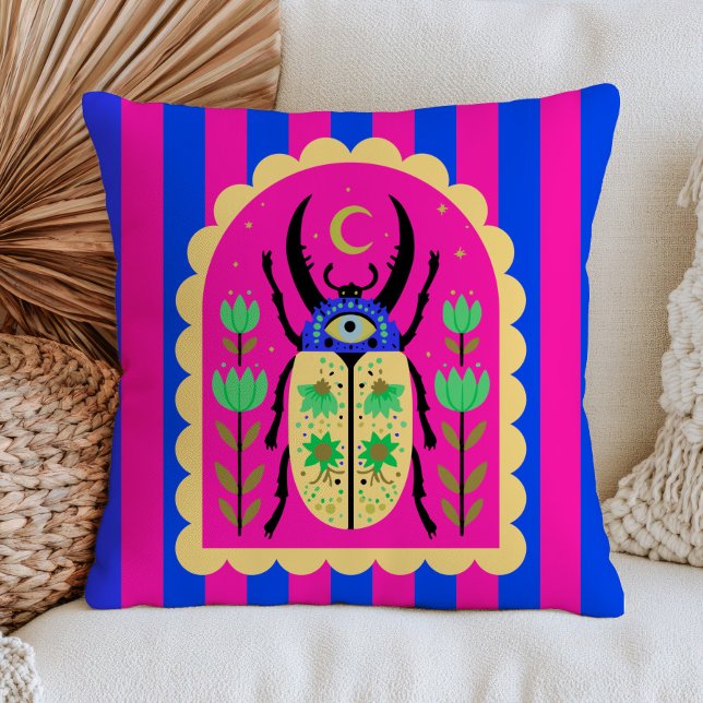 Evil Eye Beetle Celestial Insect Colourful Striped Cushion (Creator Uploaded)
