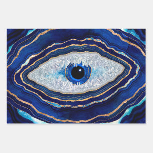Evil Eye Blue Agate Geode Ditital Art Wrapping Paper Sheet