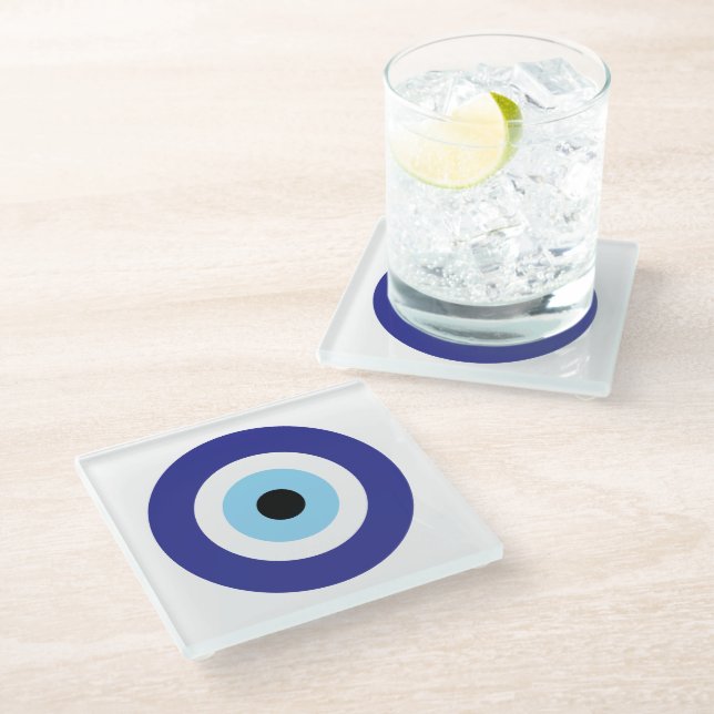 Evil Eye Blue Mati circles glass coaster (Angled)